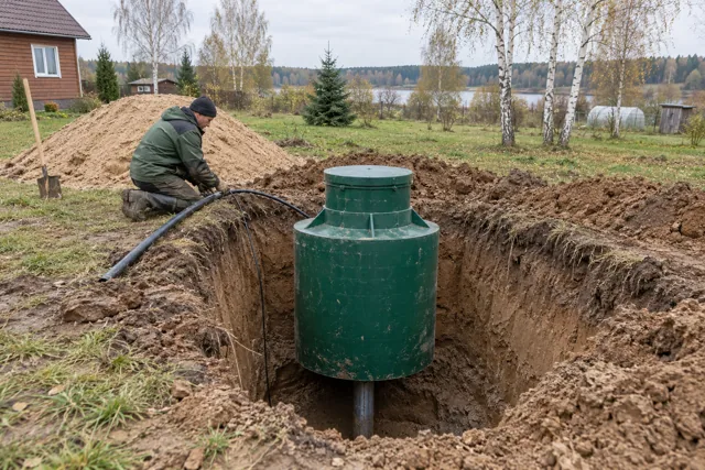 Пластиковый кессон в котловане над обсадной трубой скважины