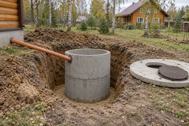 Выгребная яма из бетонных колец с трубой от дома